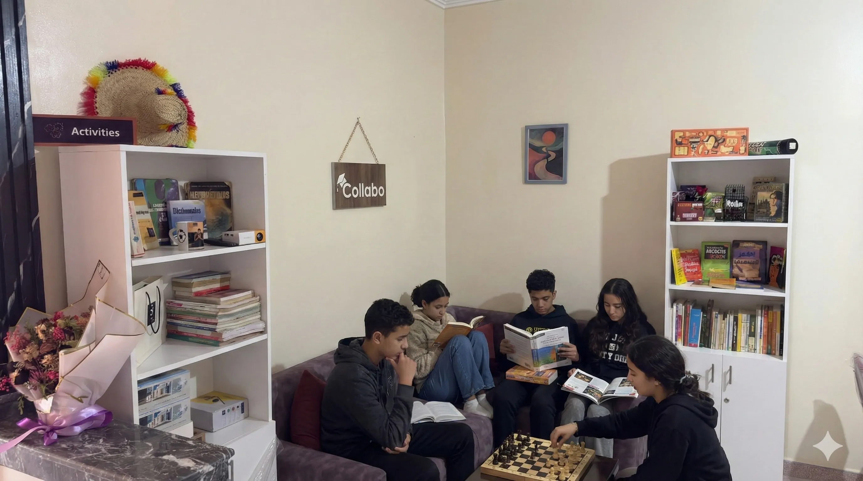 Students reading books and playing chess at Collabo learning center